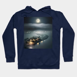 A view from sky of a full moon floating over clouds overlooking beach village Hoodie